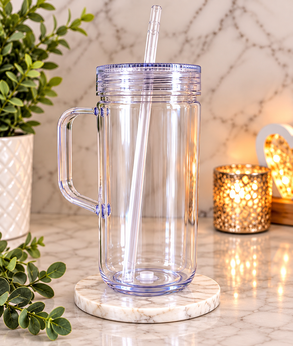 Clear handled tumbler with straw